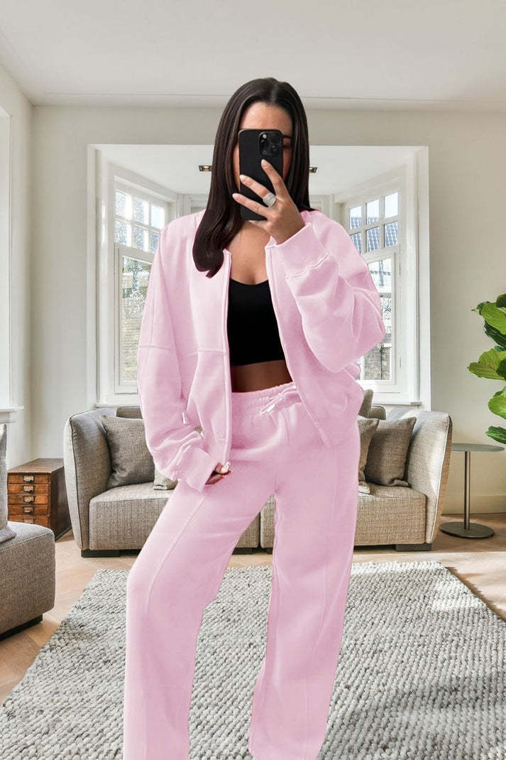 Women's Oversized Fleece Bomber Tracksuit  Zipper Jacket & Wide-Leg Pants Set