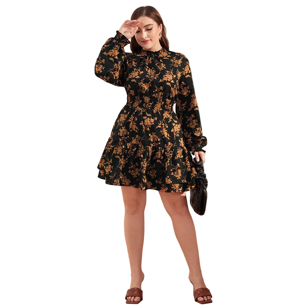 Women’s Floral Ruffle Dress – Turtleneck & Puff Sleeves | Elegant Vintage Style
