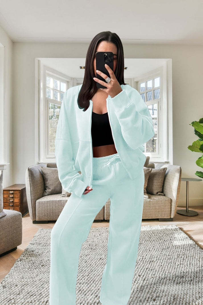 Women's Oversized Fleece Bomber Tracksuit  Zipper Jacket & Wide-Leg Pants Set