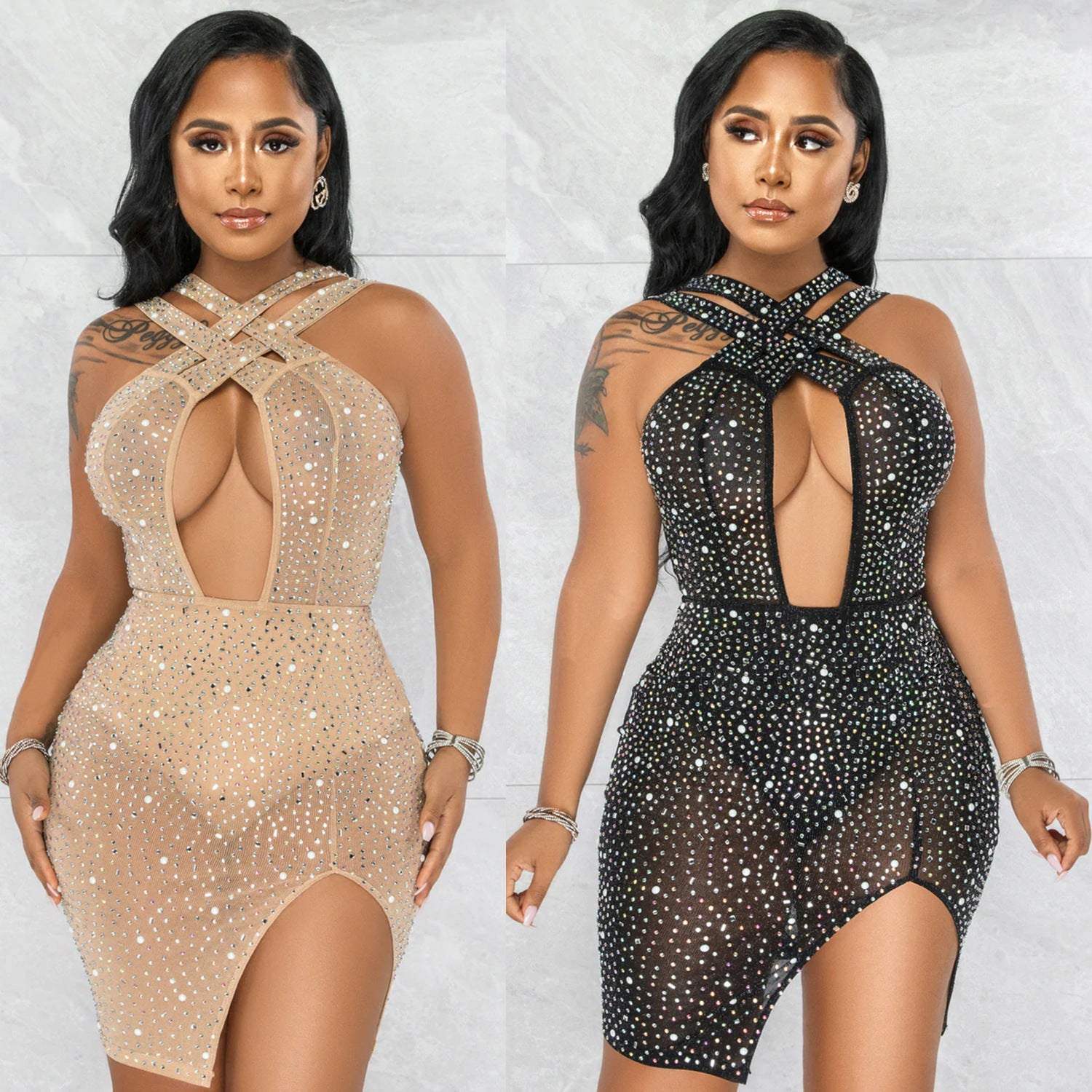 Women's Sexy Mesh Hot Drilling Nightclub Party Dress