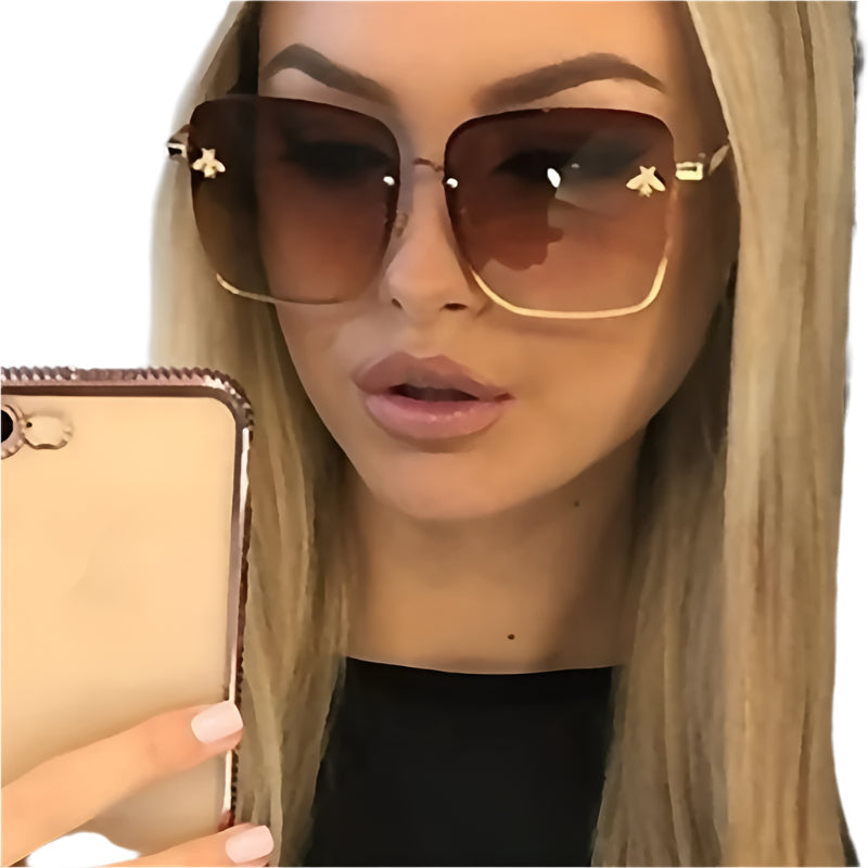 ZXRCYYL Fashion Square Glasses with Bee Detail, Metal Frame, Gradient AC Lens, Unisex Eyewear