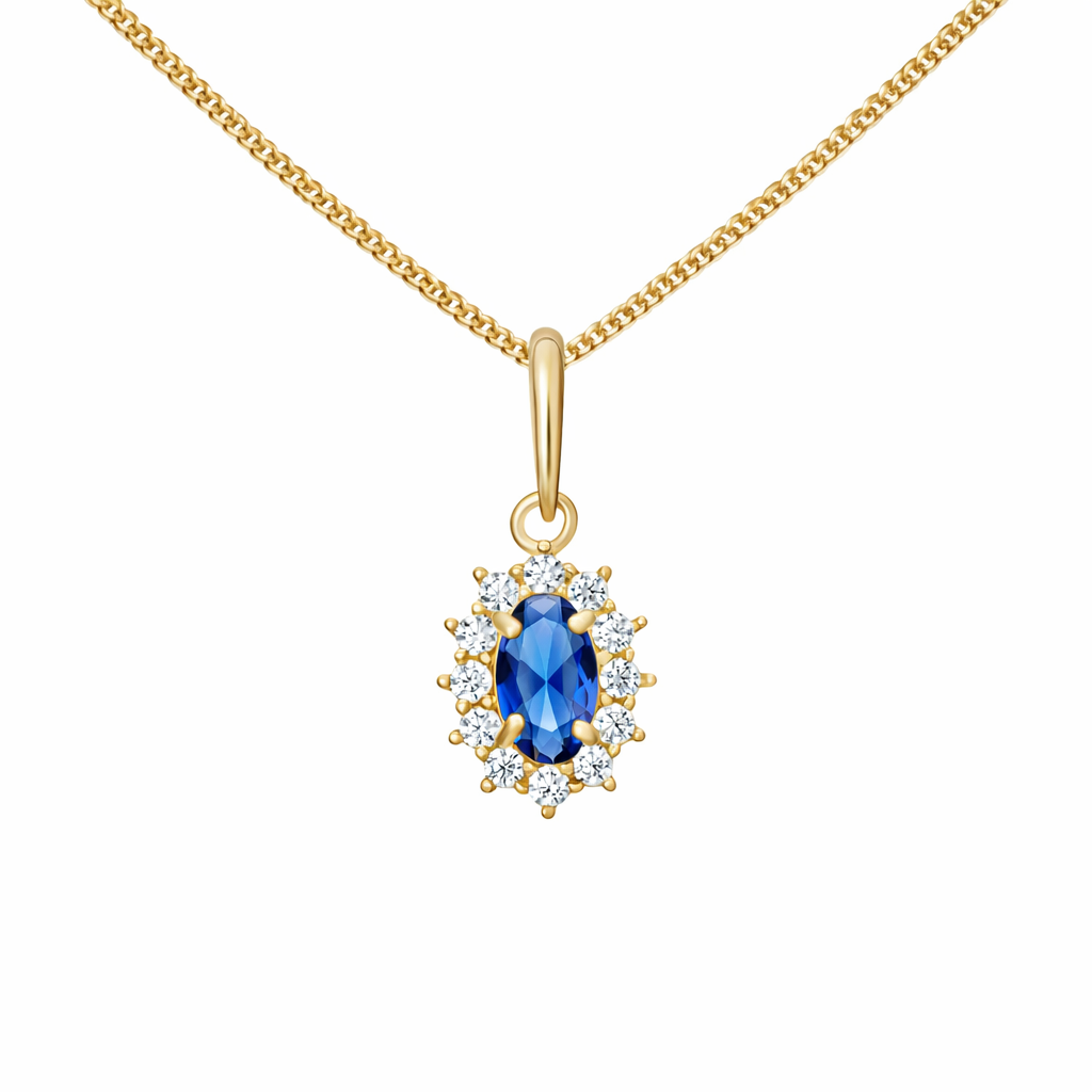 Sapphire Cubic Zirconia Oval Halo Pendant Necklace