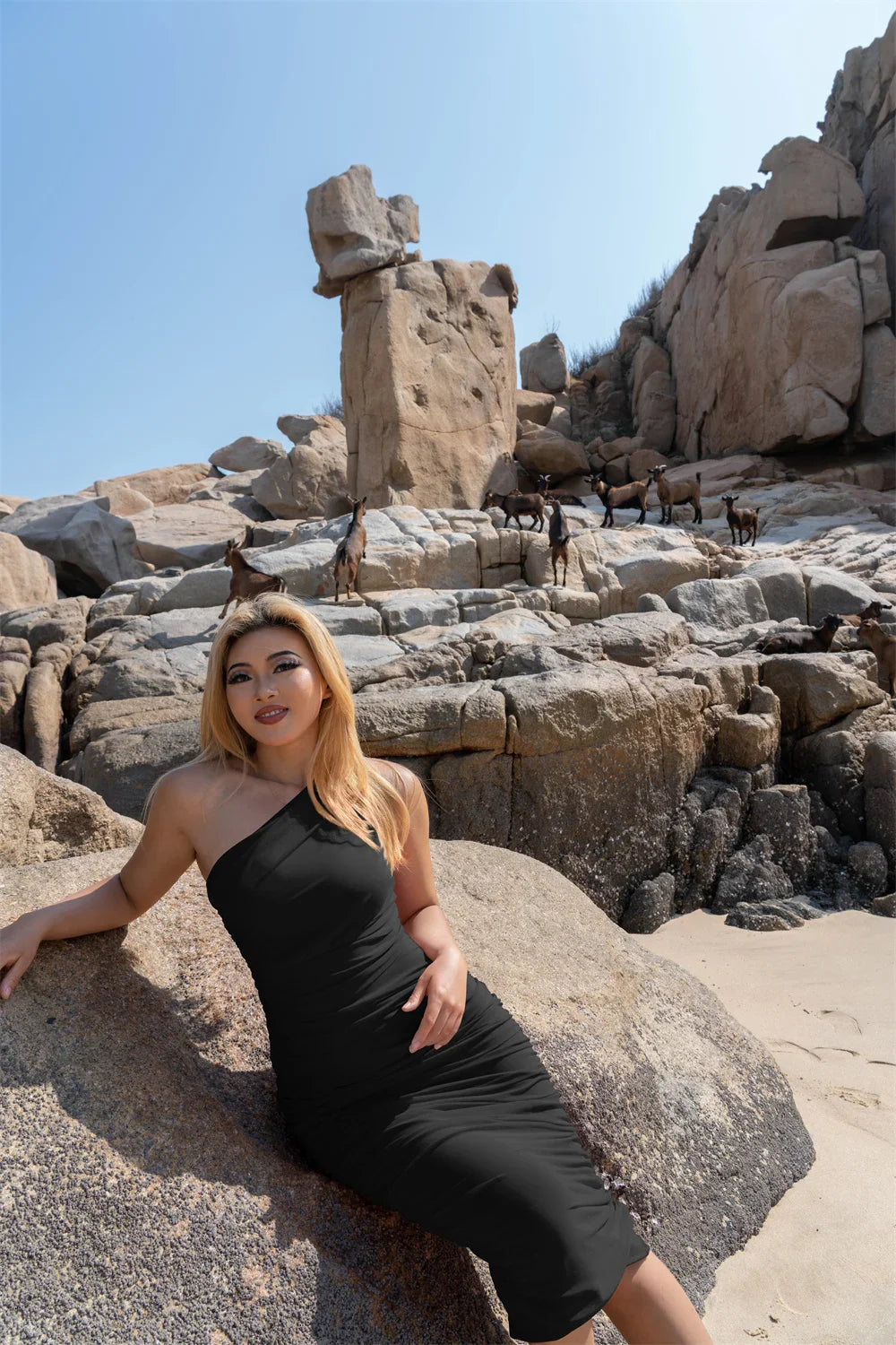 Women's Sexy Bodycon One Shoulder Sleeveless Ruched Midi Club Elegant Party Dresses